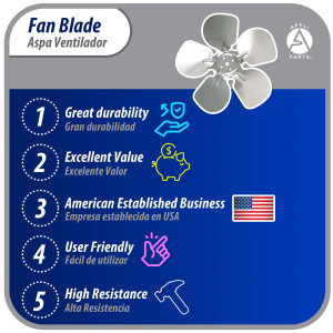 Appli Parts APFB-A08CCW Aluminum Fan Blade 8 in, 200 mm, CCW, 28 degrees, hubless 5 holes, 5 wings