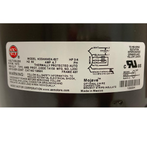 US Motors 1868H Mojave 3/4 Hp 1075 rpm, 6 polos, 1 eje, TEAO, 1 velocidad, CCW, Lead End, Reversible, 208-230 V, 60 hz, 1 ph, No incluye 10 mfd/370 VAC Capacitor K055WEK0627012B, Sirve 3731 3735
