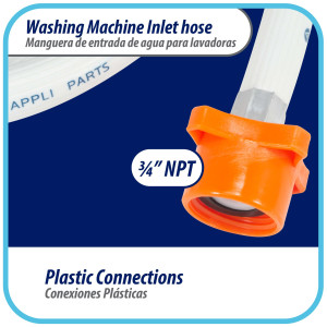 Appli Parts APIH-5934E2 5 ft Washing Machine Inlet Hose with 3/4 in nylon female connector straight and 90 degree elbow female connector with gaskets, PVC extra durable White hose Appli Parts APIH-5934E2 5 ft Washing Machine Inlet Hose with 3/4 in nylon female connector straight and 90 degree elbow female connector with gaskets, PVC extra durable White hose
