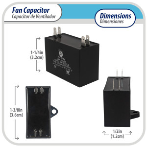 Appli Parts CAP-1.5-450 Fan motor Capacitor 1.5 mfd (microfarads) uf 450VAC CBB61 with 4 Terminal connections universal fit for electric fan applications 1-3/8in Width 1/2in Depth 1-1/4in Height