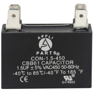 Appli Parts CAP-1.5-450 Fan motor Capacitor 1.5 mfd (microfarads) uf 450VAC CBB61 with 4 Terminal connections universal fit for electric fan applications 1-3/8in Width 1/2in Depth 1-1/4in Height
