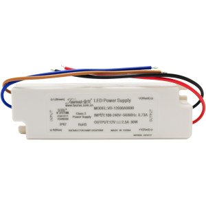 Tauras VD12030A0690 Balasto Voltage Entrada 100-240VAC,Potencia Salida 30W, Voltage Salida 12 VDC IP Rating IP67, Carcasa Plastica Certificacion CE(LVD),UL,Class2,CB, temp -25 to 40 C