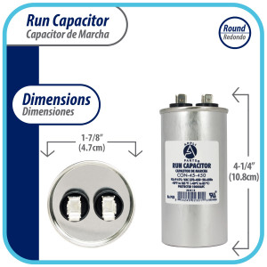 Appli Parts Condensador Capacitor de Marcha 45 Mfd uF (microfaradios) 370VAC o 450VAC CBB65 Universal Aire acondicionado y otras aplicaciones Redondo UL E476928 10.8cm Alto 4.7cm Ancho CON-45-450 Appli Parts Condensador Capacitor de Marcha 45 Mfd uF (microfaradios) 370VAC o 450VAC CBB65 Universal Aire acondicionado y otras aplicaciones Redondo UL E476928 10.8cm Alto 4.7cm Ancho CON-45-450