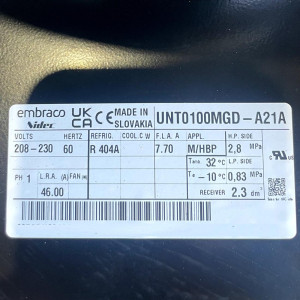 Embraco UNT0100MGD-A21A Condensing Unit 1HP R-404a, 230 V,1 Ph,60 Hz, MHBP, w/NO Outdoor Cover