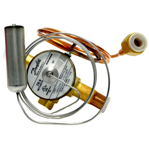 Danfoss 067L6010 7TR Thermostatic expansion valve, TR 6, R410A,R454B,R32 3/8x3/8 in Solder, ODF, 1/4 in Cap. Tube, Flare, Embossed 1-way arrow, 15 to 60 F