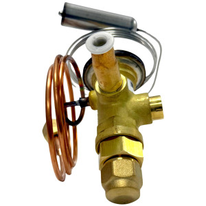 Danfoss 067L6010 7TR Thermostatic expansion valve, TR 6, R410A,R454B,R32 3/8x3/8 in Solder, ODF, 1/4 in Cap. Tube, Flare, Embossed 1-way arrow, 15 to 60 F