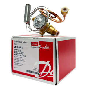 Danfoss 067L6010 7TR Thermostatic expansion valve, TR 6, R410A,R454B,R32 3/8x3/8 in Solder, ODF, 1/4 in Cap. Tube, Flare, Embossed 1-way arrow, 15 to 60 F