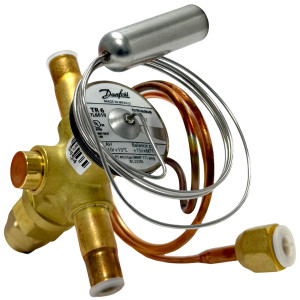 Danfoss 067L6010 7TR Thermostatic expansion valve, TR 6, R410A,R454B,R32 3/8x3/8 in Solder, ODF, 1/4 in Cap. Tube, Flare, Embossed 1-way arrow, 15 to 60 F