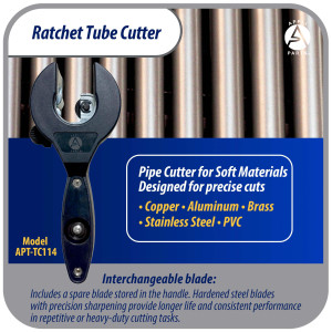 Appli Parts APT-TC114 Ratcheting Tube Cutter 1/4 to 7/8 in (6 to 23 mm) for Copper Aluminum Brass Stainless Steel and PVC with Spare Blade Ergonomic and Durable Design