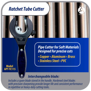 Appli Parts APT-TC115 Ratcheting Tube Cutter 5/16 a 1-1/8 in (8 a 29 mm) for Copper Aluminum Brass Stainless Steel and PVC with Spare Blade Ergonomic and Durable Design