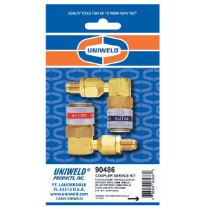 Uniweld 90486 Quick Coupler Automative Sevice Kit R134 with 1/4 in Adaptors. Red High Side, Blue Low side