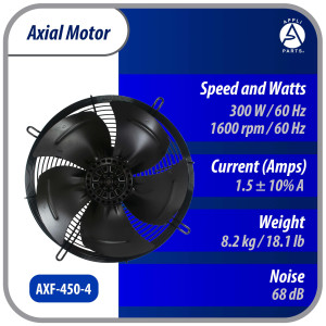Appli Parts AXF-450-4 17-3/4 in Axial Fan Motor Guard Mounted Fan Blade 220-440 V, 3Ph 50-60Hz 300W, 1600rpm, Universal replacement for Cold Room Evaporators, Condensing Units, Work Temp -22F to 140F