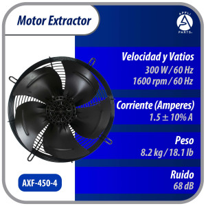 Appli Parts AXF-450-4 17-3/4 in Axial Fan Motor Guard Mounted Fan Blade 220-440 V, 3Ph 50-60Hz 300W, 1600rpm, Universal replacement for Cold Room Evaporators, Condensing Units, Work Temp -22F to 140F