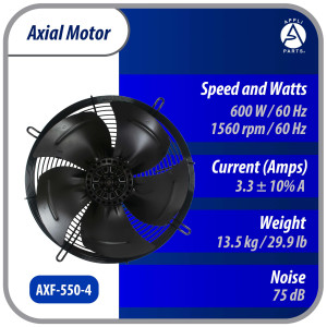 Appli Parts AXF-550-4 21-5/8 in Axial Fan Motor Guard Mounted Fan Blade 220-440V, 3Ph 50-60 Hz 600W 1560 rpm, Universal replacement for Cold Room Evaporators, Condensing Units, Work Temp -22F to 140F