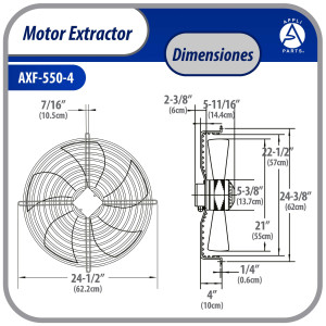 Appli Parts AXF-550-4 21-5/8 in Axial Fan Motor Guard Mounted Fan Blade 220-440V, 3Ph 50-60 Hz 600W 1560 rpm, Universal replacement for Cold Room Evaporators, Condensing Units, Work Temp -22F to 140F