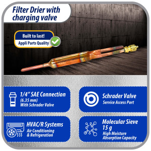 Appli Parts APFD-115S 10 Unidades de Filtro Secador con conexion 1/4 x 1/4 pulg 15 gramos, con valvula de gusanillo, para uso en sistema de refrigeracion y aire acondicionado