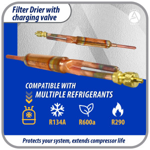 Appli Parts APFD-115S Filtro Secador con conexion 1/4 x 1/4 pulg 15 gramos, con valvula de gusanillo, para uso en sistema de refrigeracion y aire acondicionado