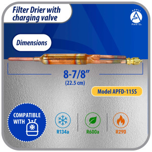 Appli Parts APFD-115S Filtro Secador con conexion 1/4 x 1/4 pulg 15 gramos, con valvula de gusanillo, para uso en sistema de refrigeracion y aire acondicionado