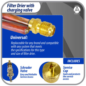 Appli Parts APFD-115S Filtro Secador con conexion 1/4 x 1/4 pulg 15 gramos, con valvula de gusanillo, para uso en sistema de refrigeracion y aire acondicionado