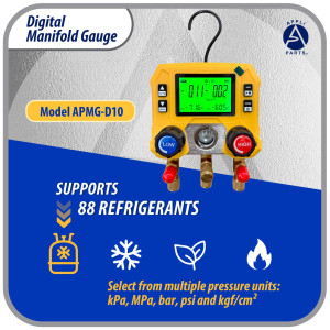 Appli Parts APMG-D10 Digital Manifold Gauge Set for HVAC/R AC and Refrigeration -14.5 to 800 psi 88 Refrigerants Multiple Pressure Units kPa MPa bar psi kg/cm2