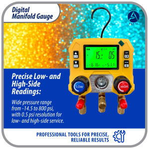 Appli Parts APMG-D10 Digital Manifold Gauge Set for HVAC/R AC and Refrigeration -14.5 to 800 psi 88 Refrigerants Multiple Pressure Units kPa MPa bar psi kg/cm2
