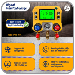 Appli Parts APMG-D10 Digital Manifold Gauge Set for HVAC/R AC and Refrigeration -14.5 to 800 psi 88 Refrigerants Multiple Pressure Units kPa MPa bar psi kg/cm2