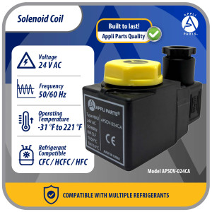 Appli Parts APSOV-024CA AC 24 V Solenoid Coil, 50/60 Hz, compatible with multiple refrigerants CFC, HCFC and HFC, Valve body not included