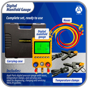 Appli Parts APMG-D100B Digital Manifold Gauge Set for HVAC/R Includes Hoses, Temperature Clamps and Carrying Case -14.5 to 800 psi 88 Refrigerants Superheat and Subcooling Calculation