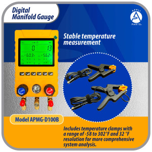 Appli Parts APMG-D100B Digital Manifold Gauge Set for HVAC/R Includes Hoses, Temperature Clamps and Carrying Case -14.5 to 800 psi 88 Refrigerants Superheat and Subcooling Calculation