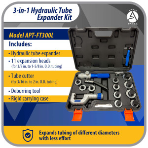 Appli Parts APT-FT300L Hydraulic Expander Swaging Tool, Tube Cutter and Deburring Tool Kit for 3/8 to 1-5/8 in Outer Diameter Tube for Copper, Aluminum and other Soft Metal Pipe