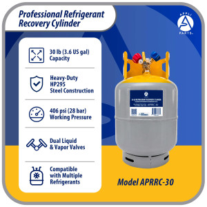Appli Parts APRRC-30 Refrigerant Recovery Cylinder 30 lb, 3.6 US gal, 406 psi Working Pressure, HP295 Steel, Dual Liquid/Vapor Valves, Compatible with R12 R22 R134a R410A R407C and more, HVAC use