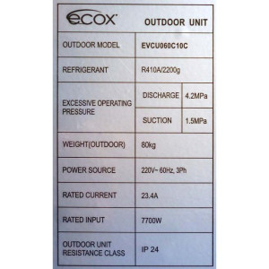 Unidad Cond. Descarga Vertical 60.000btu R410 230v/60hz/3ph Ecox Evcu060c10c