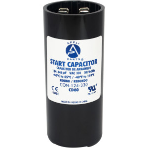 Appli Parts CON-124-330 Motor Start Capacitor 124-149 MFD uF, 330 VAC. Universal for Electric Motor Applications, 1.44 in Wide, 3.38 in Height