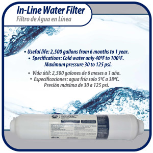 Appli Parts APWF-100 Filtro de Agua en Linea con conexion de 1/4 de pulg (Conectores no incluidos) vida util de 2500 galones o de 6 a 12 meses, para presiones entre 30 y 125 PSI