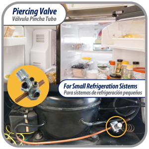 Appli Parts APT-PV110 Valvula perforadora 1/4, 5/16 o 3/8 pulg, tipo bala con adaptadores y sello para sistemas de refrigeracion con puerto de servicio SAE de 1/4 pulg