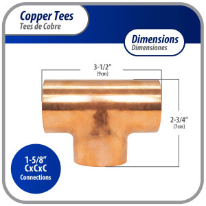 Appli Parts AP-T158 1-5/8 pulg Tee de Cobre Conexiones CxCxC soldadas para aplicaciones de refrigeracion, aire acondicionado y plomeria Tuberia de Cobre ACR y Tipo L