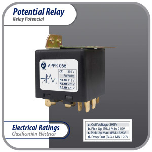 Appli Parts APPR-066 Potential Relay 066, Coil Voltage 395 V, Min Pick up 215 V, Max Pick up 225 V, Max Drop Out 120 V, 50/60 Hz Universal replacement for HVAC and Refrigeration units