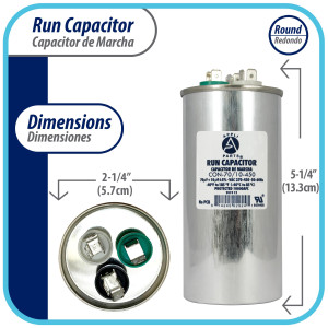 Appli Parts Condensador Capacitor de Marcha 70+10 Mfd uF (microfaradios) 370VAC o 450VAC CBB65 Universal Aire acondicionado y aplicaciones Redondo UL E476928 13.3cm Alto 5.7cm Ancho CON-70/10-450