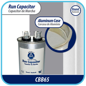 Appli Parts Condensador Capacitor de Marcha 65 Mfd uF (microfaradios) 370VAC o 450VAC CBB65 Universal Aire acondicionado y otras aplicaciones Redondo UL E476928 12cm Alto 5.2cm Ancho CON-65-450