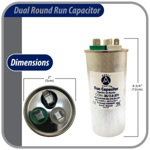 Appli Parts Condensador Capacitor de Marcha 35+7.5 Mfd uF (microfaradios) 370VAC CBB65 Universal Aire acondicionado y otras aplicaciones Redondo UL E476928 5cm Ancho 12cm Alto CON-35/7.5-370-R