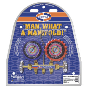 Uniweld QS8N5SMEZ Juego de Manometro con Cuerpo de Laton de 3-1/8 pulg NPF, juego de mangueras de 5 pies EZ-Turn Anti-Blowback, para R-410A,R-22,R-404A,R-134a, escalas F y PSI 48672