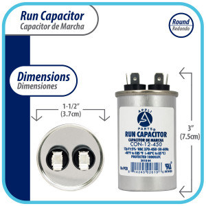 Appli Parts Condensador Capacitor de Marcha 12 Mfd uF (microfaradios) 370VAC o 450VAC CBB65 Universal Aire acondicionado y otras aplicaciones Redondo UL E476928 7.5cm Alto 3.7cm Ancho CON-12-450