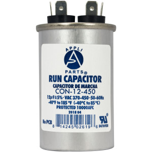 Appli Parts Condensador Capacitor de Marcha 12 Mfd uF (microfaradios) 370VAC o 450VAC CBB65 Universal Aire acondicionado y otras aplicaciones Redondo UL E476928 7.5cm Alto 3.7cm Ancho CON-12-450
