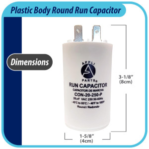 Appli Parts Condensador Capacitor de Marcha 20 Mfd uF (microfaradios) 250VAC CBB60 Cuerpo plastico para bombas de agua y otras aplicaciones Redondo UL E476928 8 cm Alto 4 cm Ancho CON-20-250-P