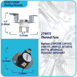 Appli Parts 3387747 Heating Element Kit Replacement for Whirlpool Dryers and other models Includes 1 x 3387747 dryer heating element, 1 x Thermostat 279816AP, 1 x 279973AP and 3392519AP Thermal Fuse