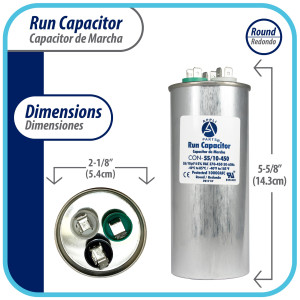 Appli Parts Condensador Capacitor de Marcha 55+10 Mfd uF (microfaradios) 370VAC o 450VAC CBB65 Universal Aire acondicionado y aplicaciones Redondo UL E476928 14.3cm Alto 5.4cm Ancho CON-55/10-450
