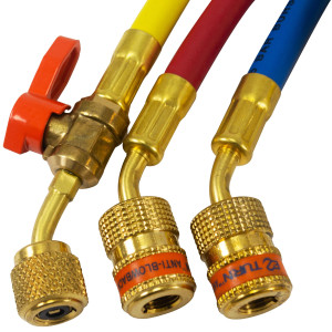 Uniweld EZ5HS Juego Mangueras Manometro 3 Mangueras 5pies de largo Azul y Rojo con EZ-Turn, Amarilla con Valvula de bola CFC/HCFC/HFC Compatible con R410A, Anti-Blowback Soft Magic