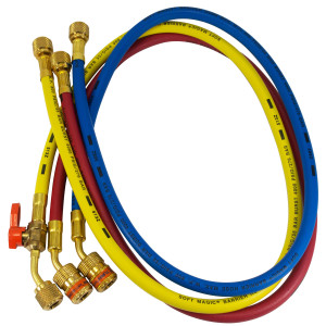 Uniweld EZ5HS Juego Mangueras Manometro 3 Mangueras 5pies de largo Azul y Rojo con EZ-Turn, Amarilla con Valvula de bola CFC/HCFC/HFC Compatible con R410A, Anti-Blowback Soft Magic
