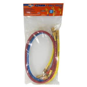 Uniweld EZ5HS Juego Mangueras Manometro 3 Mangueras 5pies de largo Azul y Rojo con EZ-Turn, Amarilla con Valvula de bola CFC/HCFC/HFC Compatible con R410A, Anti-Blowback Soft Magic