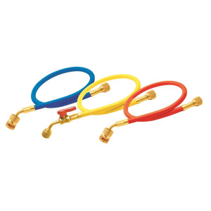 Uniweld EZ5HS Juego Mangueras Manometro 3 Mangueras 5pies de largo Azul y Rojo con EZ-Turn, Amarilla con Valvula de bola CFC/HCFC/HFC Compatible con R410A, Anti-Blowback Soft Magic